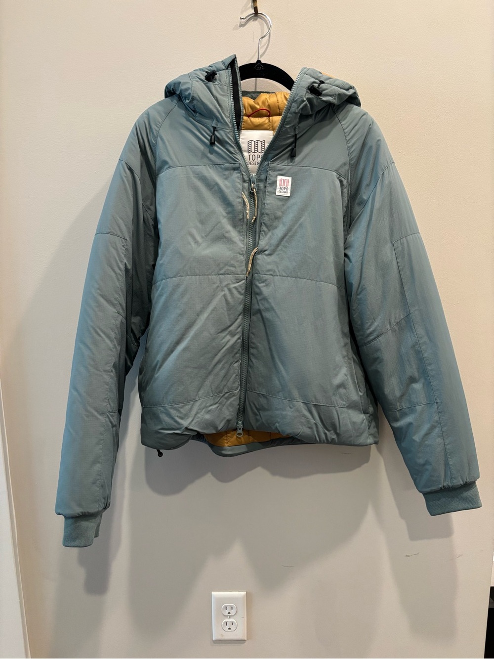 Topo Designs Hooded Puffer Jacket - Sage Exterior, Mustard Interior